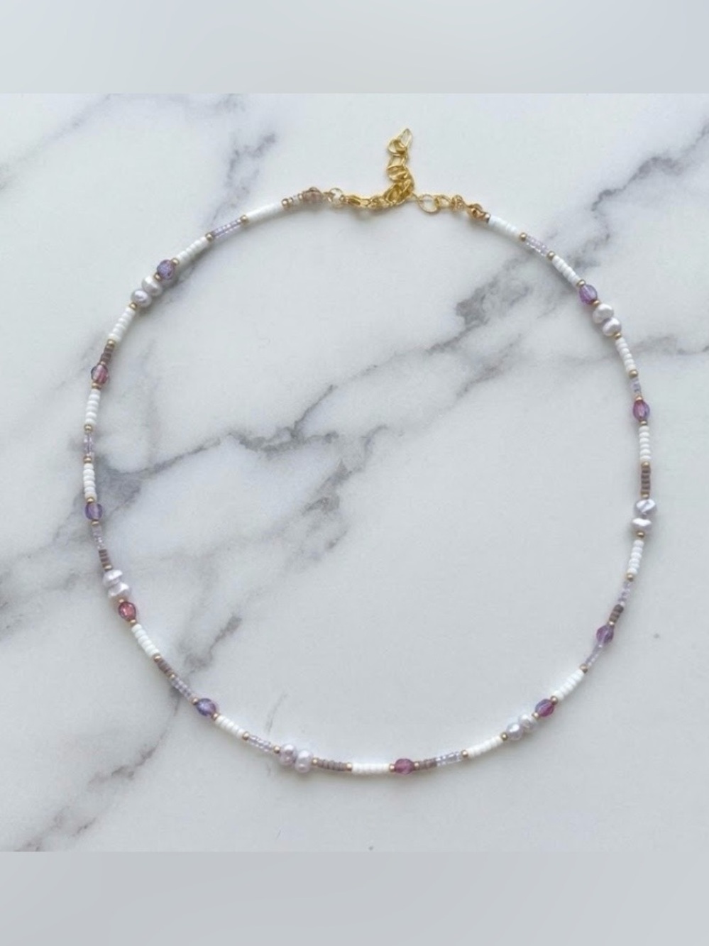 Delicate White and Lavender Beaded Necklace with Freshwater Pearls